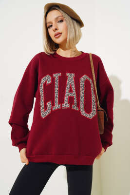 Ciao Leopar Yazılı Şardonlu Sweatshirt Bordo - Yeni Giyim