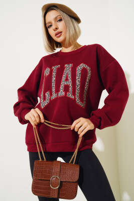 Ciao Leopar Yazılı Şardonlu Sweatshirt Bordo 