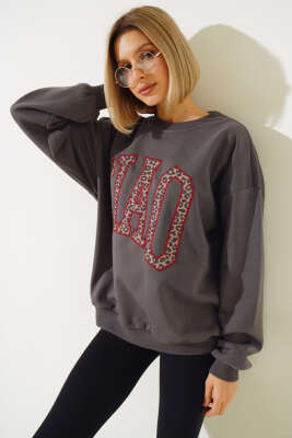 Ciao Leopar Yazılı Şardonlu Sweatshirt Füme - Kadın Giyim Modelleri