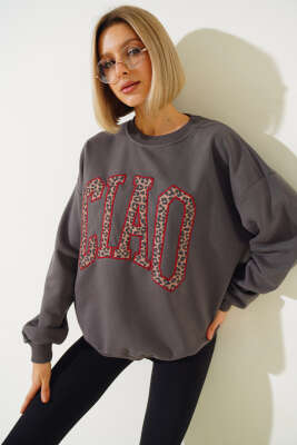 Ciao Leopar Yazılı Şardonlu Sweatshirt Füme 