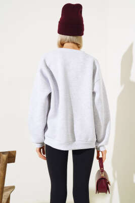 Ciao Leopar Yazılı Şardonlu Sweatshirt Melanj Gri - Kadın Giyim Modelleri
