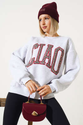 Ciao Leopar Yazılı Şardonlu Sweatshirt Melanj Gri - Kadın Giyim Modelleri