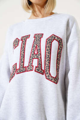 Ciao Leopar Yazılı Şardonlu Sweatshirt Melanj Gri - Kadın Giyim Modelleri