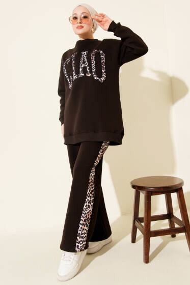 Ciao Leopar Yazılı Üç İplik İkili Takım Acı Kahve - İkili Takım