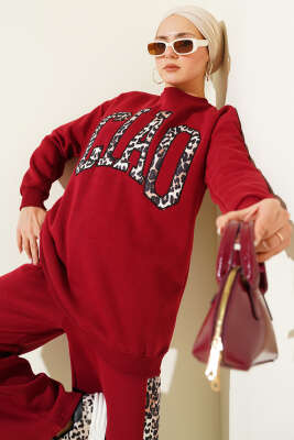 Ciao Leopar Yazılı Üç İplik İkili Takım Bordo - TEGOE