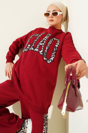 Ciao Leopar Yazılı Üç İplik İkili Takım Bordo - İkili Takım