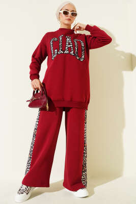 Ciao Leopar Yazılı Üç İplik İkili Takım Bordo - İkili Takım