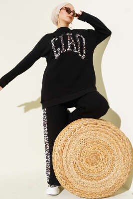 Ciao Leopar Yazılı Üç İplik İkili Takım Siyah - TEGOE