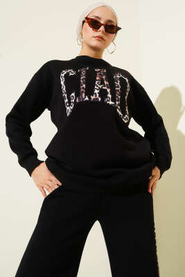 Ciao Leopar Yazılı Üç İplik İkili Takım Siyah - İkili Takım