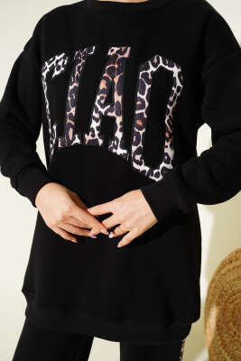 Ciao Leopar Yazılı Üç İplik İkili Takım Siyah - İkili Takım