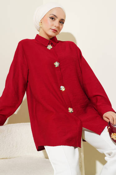 Çiçek Aksesuarlı Gizli Düğmeli Gömlek Bordo - Gömlek