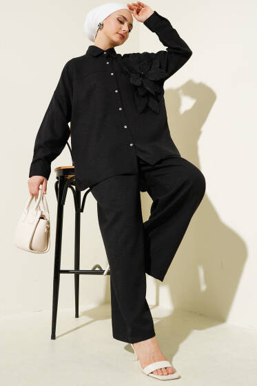 Çiçek Aksesuarlı Tunik İkili Takım Siyah - İkili Takım