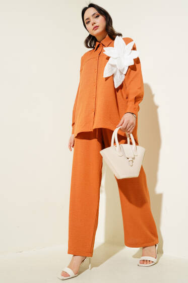 Çiçek Aksesuarlı Tunik İkili Takım Tarçın - İkili Takım