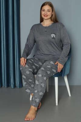 Çiçek Baskılı Düğmeli Büyük Beden Pijama Takım Füme 