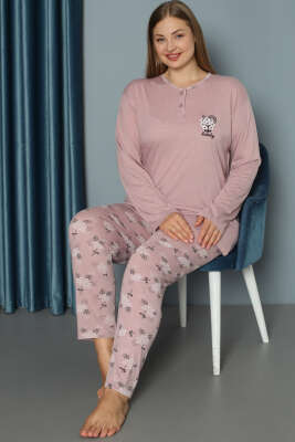 Çiçek Baskılı Düğmeli Büyük Beden Pijama Takım Gül Kurusu 