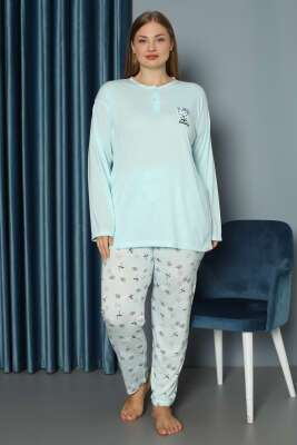 Çiçek Baskılı Düğmeli Büyük Beden Pijama Takım Mavi - Pijama & Gecelik