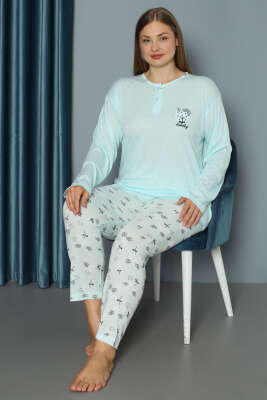Çiçek Baskılı Düğmeli Büyük Beden Pijama Takım Mavi - Pijama & Gecelik