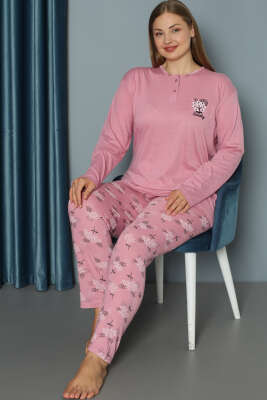 Çiçek Baskılı Düğmeli Büyük Beden Pijama Takım Pudra 
