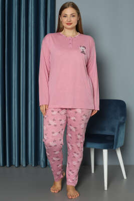 Çiçek Baskılı Düğmeli Büyük Beden Pijama Takım Pudra - Kadın Pijama Takımı