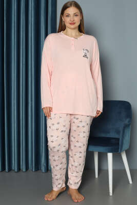Çiçek Baskılı Düğmeli Büyük Beden Pijama Takım Yavru Ağzı - Pijama & Gecelik