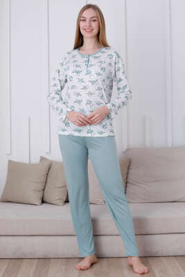 Çiçek Baskılı Düğmeli Viskon Pijama Takımı Mint - Pijama & Gecelik