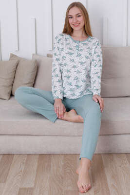 Çiçek Baskılı Düğmeli Viskon Pijama Takımı Mint - Pijama & Gecelik