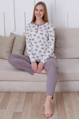Çiçek Baskılı Düğmeli Viskon Pijama Takımı Vizon - Kadın Pijama Takımı