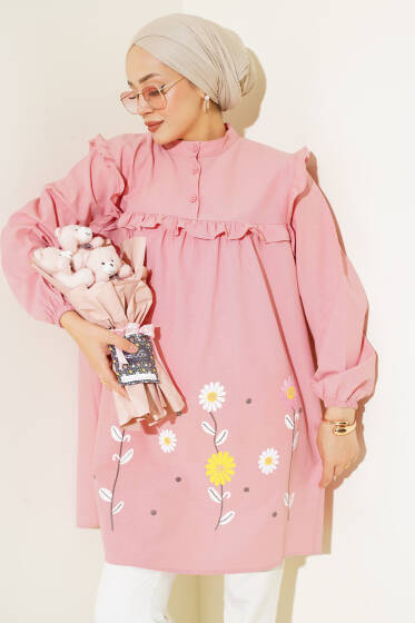 Çiçek Baskılı Fırfırlı Tunik Pudra - Tunik