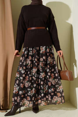 Çiçek Baskılı Güpürlü Etek Kahve - NESSİA