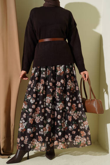 Çiçek Baskılı Güpürlü Etek Kahve - Etek