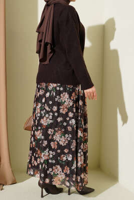 Çiçek Baskılı Güpürlü Etek Kahve - Etek