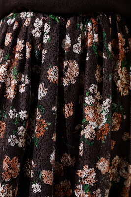 Çiçek Baskılı Güpürlü Etek Kahve - Etek