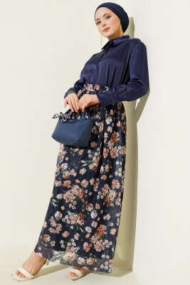 Çiçek Baskılı Güpürlü Etek Lacivert - Etek