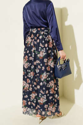 Çiçek Baskılı Güpürlü Etek Lacivert - Etek