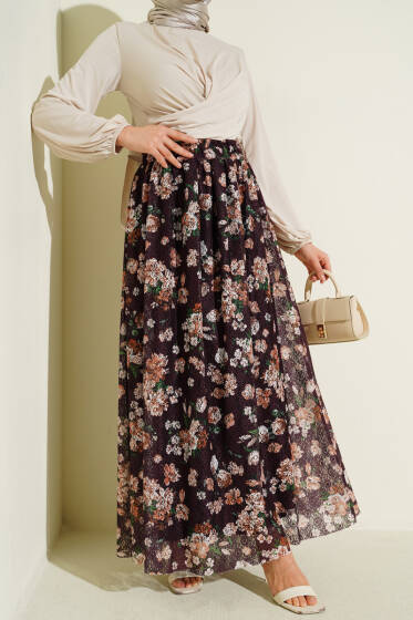 Çiçek Baskılı Güpürlü Etek Mürdüm - Etek