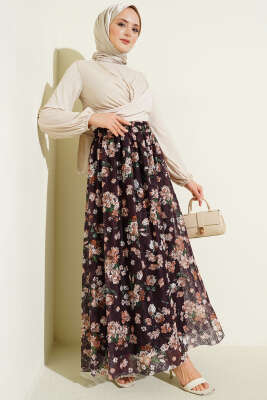 Çiçek Baskılı Güpürlü Etek Mürdüm - Etek