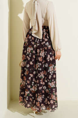 Çiçek Baskılı Güpürlü Etek Mürdüm - Etek