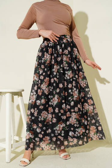 Çiçek Baskılı Güpürlü Etek Siyah - Etek