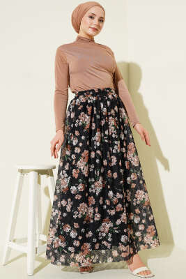 Çiçek Baskılı Güpürlü Etek Siyah - Etek