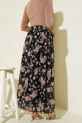 Çiçek Baskılı Güpürlü Etek Siyah - Etek