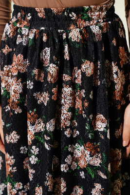 Çiçek Baskılı Güpürlü Etek Siyah - Etek