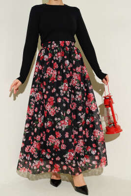 Çiçek Baskılı Güpürlü Etek Siyah Kırmızı - NESSİA