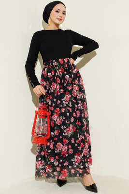 Çiçek Baskılı Güpürlü Etek Siyah Kırmızı - Etek