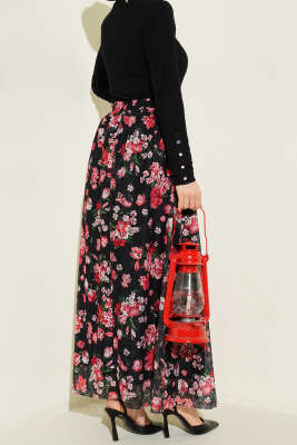 Çiçek Baskılı Güpürlü Etek Siyah Kırmızı - Etek