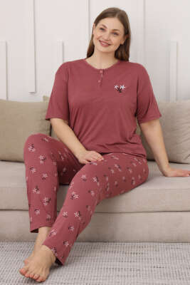 Çiçek Baskılı Kısa Kol Büyük Beden Pijama Takım Gül Kurusu 