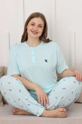 Çiçek Baskılı Kısa Kol Büyük Beden Pijama Takım Mint 