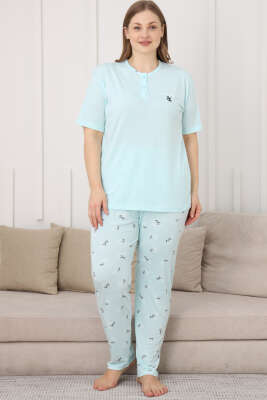 Çiçek Baskılı Kısa Kol Büyük Beden Pijama Takım Mint - Pijama & Gecelik