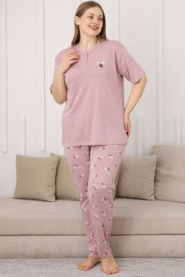Çiçek Baskılı Kısa Kol Büyük Beden Pijama Takım Pudra - Pijama