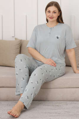 Çiçek Baskılı Kısa Kol Büyük Beden Pijama Takım Su Yeşili - Pijama & Gecelik