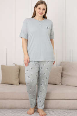 Çiçek Baskılı Kısa Kol Büyük Beden Pijama Takım Su Yeşili - Pijama & Gecelik
